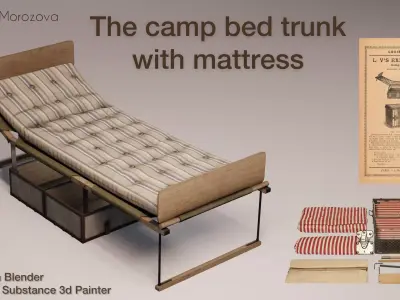 The camp bed trunk with mattress Low-poly 3D model