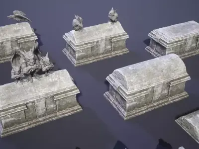 Medieval sarcophagi stone coffins tombstones crosses 3D model