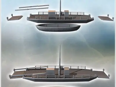Set of two assault boats with ferry and wooden boat 2 - World Wa 3D print model
