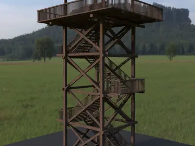 Watchtower wooden tower with stairs in middle of grassy field Free low-poly 3D model