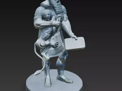 Mesopotamian Warrior with Lion - Ancient Assyrian 3D Sculpture 3D print model