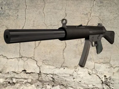 MP5-SD gun on concrete wall Low-poly 3D model
