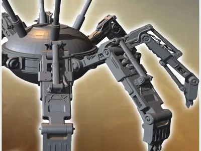 Robotic spider-like machine with multiple articulated legs and a 3D print model