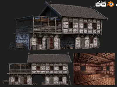 4 Old Medieval Building House Pack 4K Tex GameReady 61 to 64 Low-poly 3D model