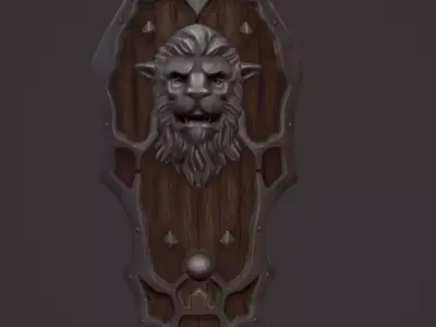 Shield wooden with lion head Free low-poly 3D model