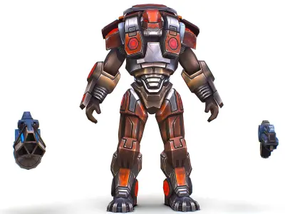Cartoon Sci-Fi Cyborg Drone Heavy Machine Gunner Low-poly 3D model 3