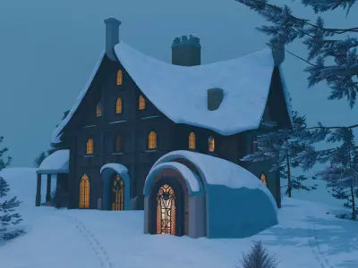 Winter Village On A Cliff 3D model