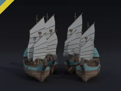 Cartoon fantasy asion ships Polygonal Style Low-poly 3D model