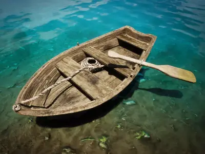 A wood boat with paddle and rope 3D model