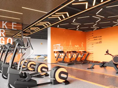 Inside the aerobic zone of an industrial-style gym 3D model