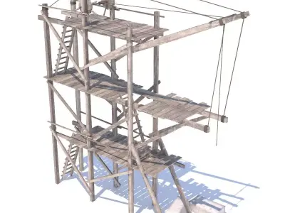 Old wooden scaffolding with handle crane 3D model