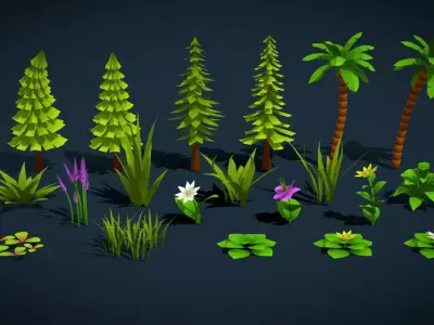 Stylized Lowpoly Game Foliage Low Poly Trees Grasses Plants Kit Low-poly 3D model