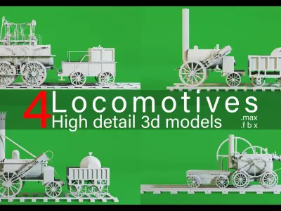 4 Locomotives- High detail 3d models Low-poly 3D model