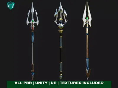 3 Fantasy Tridents Collection All PBR Unity UE Textures Included 3D Model Pack