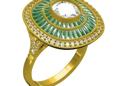 Green Baguette Antique Art Deco Engagement Ring 3D print model