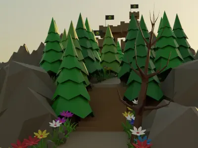 Low poly castle on a rock island Low-poly 3D model