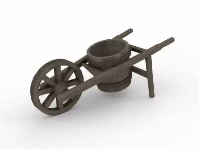 Traditional Chinese wooden wheelbarrow equipped with a bucket Low-poly 3D model