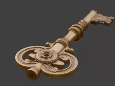 Stylized 3D Steampunk Mechanical Key Low-poly 3D model