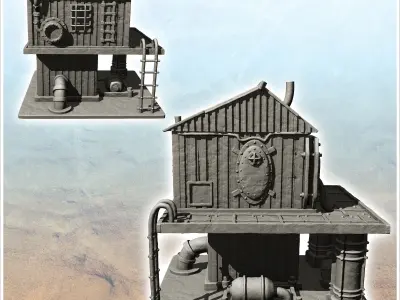 Post-apocalyptic building on two levels with supply pipes -4- 3D print model