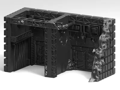 Vehicle or Mech Hangar with battle damage terrain Free 3D print model