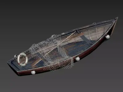 Old Wooden Fishing Rowboat with Net and Buoys 3D model  3D model