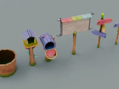 Farm Fence Set Low-poly 3D model