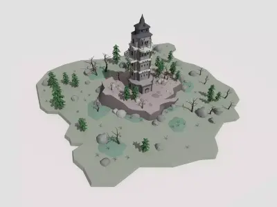 low poly cartoon fantasy tower scene Low-poly 3D model