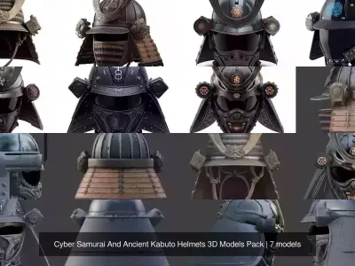 Cyber Samurai And Ancient Kabuto Helmets 3D Models Pack