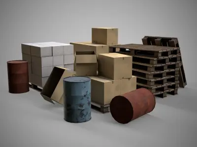 Set of different materials boxes  pallets  blocks barrels Low-poly 3D model
