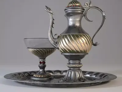 Oriental pitcher with bowl and tray  Low-poly 3D model