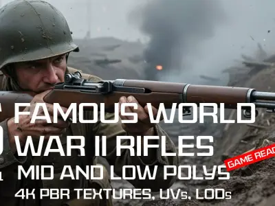 5 Famous World War II Rifles Game assets Low-poly 3D model