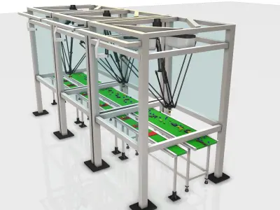 3 Delta Robot  - Station  Assembly Process Line  Low-poly 3D model