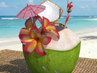 Tropical Coconut Beverage with Flowers and Umbrella 3D model