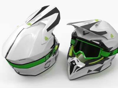  Offroad Motocross Helmet with Green Goggles White 