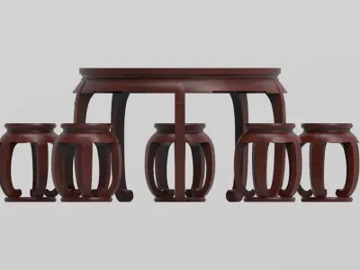 Traditional Chinese Table and stool with PBR textures - set 1 3D model