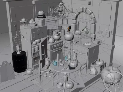 Isometric Halloween Room with Pumpkins Free 3D model