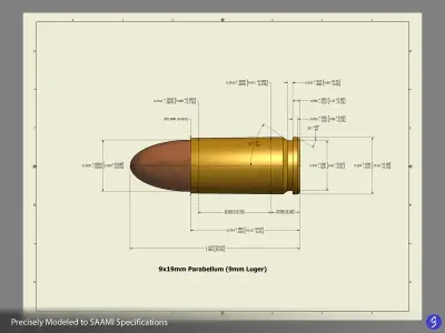 9x19mm Parabellum Cartridge Free 3D model