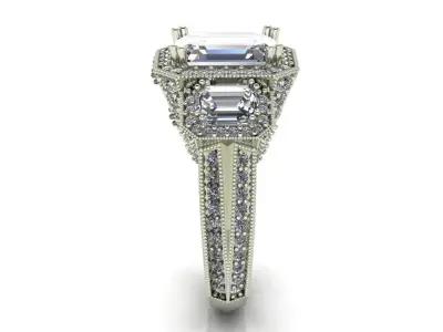 Emerald engagement ring 3 stone white gold 3D print model