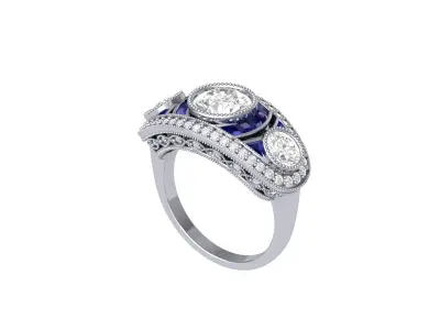 3 Stone Art Deco Ring 3D print model 2
