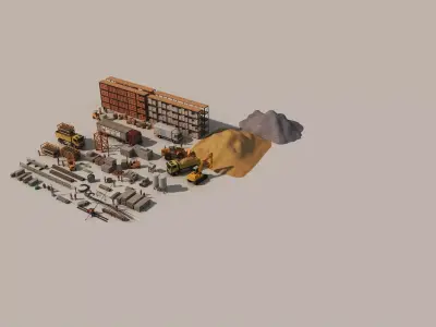 Construction site asset package vehicles  materials Low-poly 3D model
