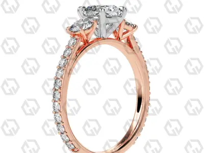 Ring 122 Cushion cathedral pave set shank 3 stone ring 3D print model