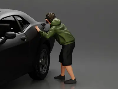 gangster man in a hoodie shorts shooting a gun behind the car 3D print model