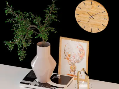 Decorative Set wooden shelf with clock and vase 3D model