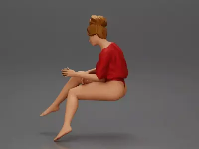 Relaxed girl in red sipping coffee enjoying a peaceful moment 3D print model