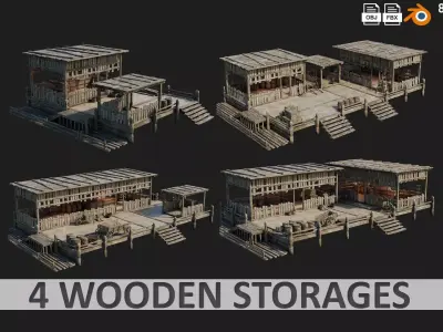 4 Old WoodenStorage Buildings Pack 4K Texture GameReady 81 to 84 Low-poly 3D model
