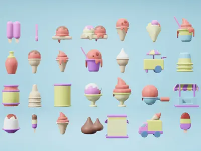 3d icons of many desserts object  in cartoon style 3D model