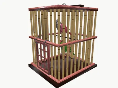 Parakeets in cage Low-poly 3D model