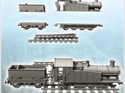 Steam locomotive with coal cars and rail set 4 - Modern WW2 WW1  3D print model