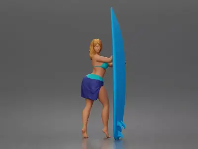 Surfer poses beside surfboard in ready for waves 3D print model