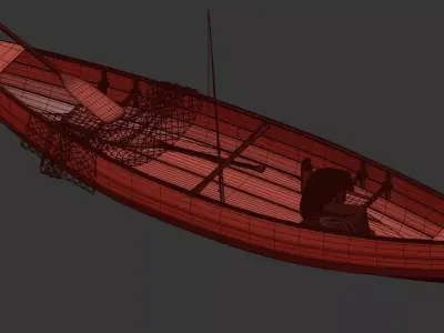 Wooden Fishing Rowboat with Gear and Picnic Set 3D model  3D model